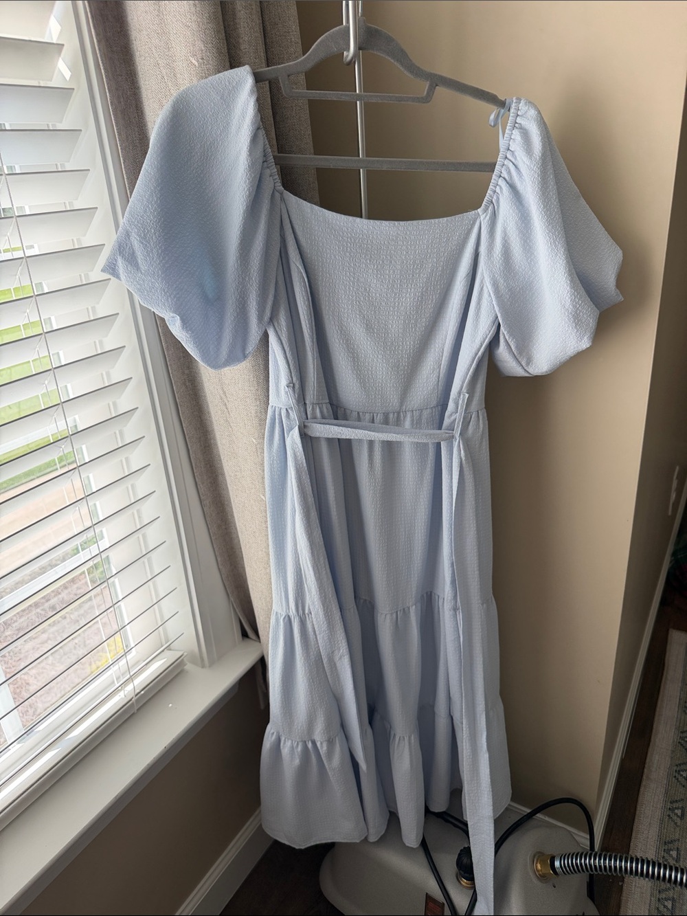 She + Sky Light Blue Puff-Sleeve Tiered Midi Dress